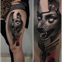 New school style colored thigh tattoo of creepy demonic wolf with human face