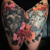 New school style colored thigh tattoo of evil wolf with cute wolf and flowers