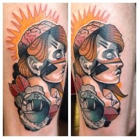 New school style colored thigh tattoo of sleeping woman with rose