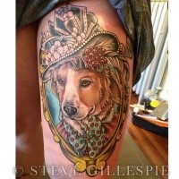 New school style colored thigh tattoo of cute dog portrait