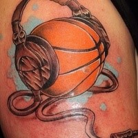 New school style colored thigh tattoo of basketball with headset
