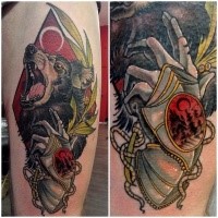 New school style colored thigh tattoo of fantasy bear with armor and jewelry