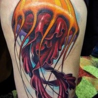 New school style colored thigh tattoo of big mermaid