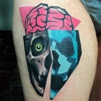 New school style colored thigh tattoo of interesting picture stylized with skull