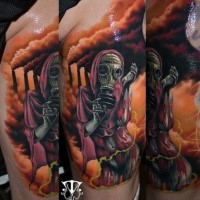 New school style colored thigh tattoo of bloody woman with gas mask