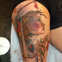 New school style colored thigh tattoo of seductive nurse with moon and stars