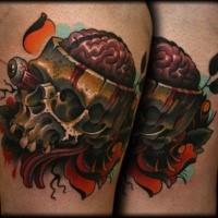 New school style colored thigh tattoo of big skeleton with brains