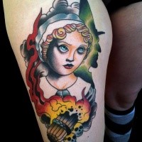 New school style colored thigh tattoo of creepy woman with skulls