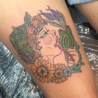 New school style colored thigh tattoo of beautiful woman with flowers