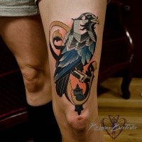 New school style colored thigh tattoo of big bird and lighter