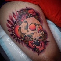 New school style colored thigh tattoo of big skull with sun and flowers