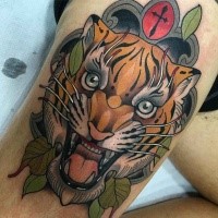 New school style colored thigh tattoo of crazy tiger portrait