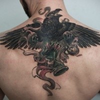 New school style colored upper back tattoo of big crow with bell