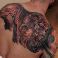New school style colored upper back tattoo of mystical woman with planets and skull
