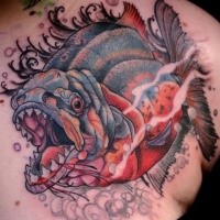 New school style colored upper back tattoo of evil violent fish