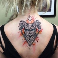 New school style colored upper back tattoo of mystic cat with flowers