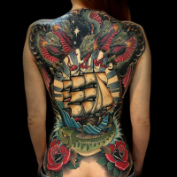 New school style colored whole back tattoo of large sailing ship with evil snakes, fish and roses