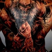 New school style colored whole back tattoo of evil powerful werewolf