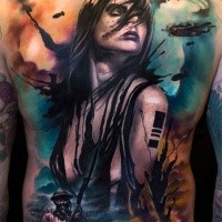 New school style colored whole back tattoo of sexy woman with soldiers