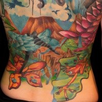New school style colored whole back tattoo of jungle with flowers and frog