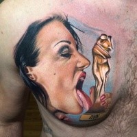 New school style colored woman licking golden statuette