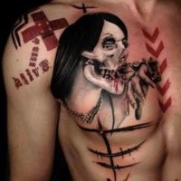 New school style colored zombie woman face with cross and lettering tattoo on chest and shoulder