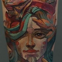 New school style colorful forearm tattoo of woman with various brushes