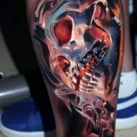 new school style colorful leg tattoo of skull with pistol