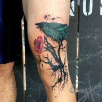 New school style colorful sleeve tattoo of crow with flower