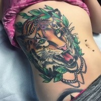 New school style colorful tiger tattoo with jewelry
