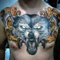 New school style colorful whole chest tattoo of creepy wolf and axes