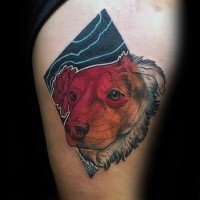 New school style cool looking dog portrait tattoo on thigh