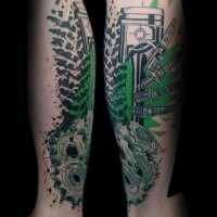 New school style designed and colored various car parts tattoo on leg