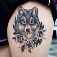 New school style detailed thigh tattoo of beautiful wolf with flowers