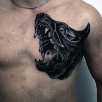 New school style illustrative wolf tattoo on chest