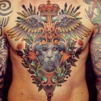 New school style large colored chest tattoo of lion with crown and wings
