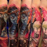 New school style large colorful sleeve tattoo of Avatar woman hero with bulb