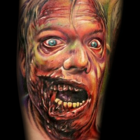 New school style modern horror movie like forearm tattoo of colored zombie man