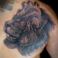 New school style original combined scapular tattoo of lion with human heart
