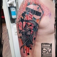 New school style original designed and colored shoulder tattoo of mouse Grimm reaper with lettering