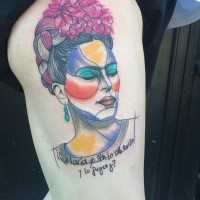 New school style thigh tattoo of woman with flowers portrait