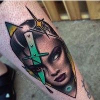 New school style typical looking demonic woman face with stars