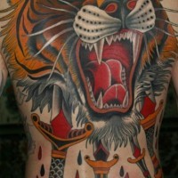 New school tiger head pierced by daggers tattoo on back by Stefan Johnson