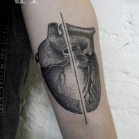 New style black lines heart in half forearm tattoo