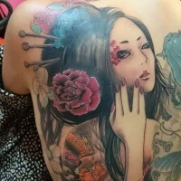 New style coloured geisha tattoo on back