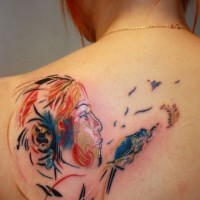 New style face woman tattoo on upper back