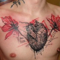 New style heart with red flowers tattoo on chest