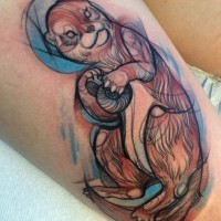New style river otter with shell in paws tattoo on thigh for women