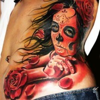 New style vivid colors santa muerte girl and red roses tattoo on ribs