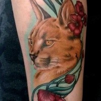 Nice art style colored arm tattoo of caracal with flowers